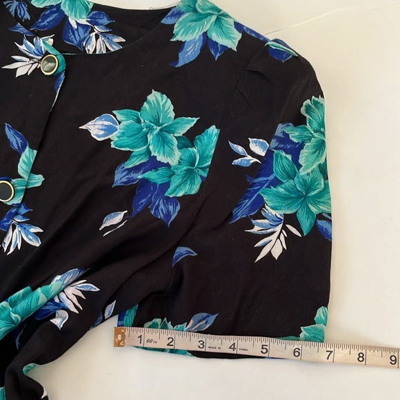 Vintage Dress Small Black Green Shift Hem Ruffle Button Down Padded Shoulder - Picture 10 of 10